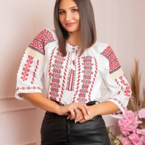 Ie traditionala alba cu motiv geometric rosu Calina