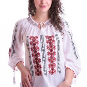 Ie traditionala alba cu motiv geometric rosu Camelia