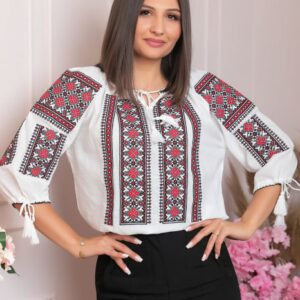 Ie traditionala alba cu motiv geometric rosu Carmina
