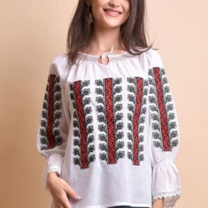 Ie traditionala alba cu motiv geometric rosu Cezara 02