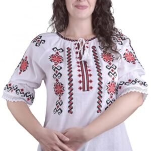 Ie traditionala alba cu motiv geometric rosu Claudia 01