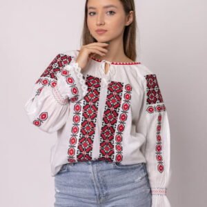 Ie traditionala alba cu motiv geometric rosu Costina 01 - maneca lunga
