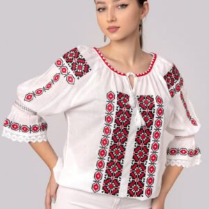 Ie traditionala alba cu motiv geometric rosu Costina 02 - maneca scurta