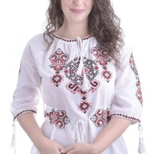 Ie traditionala alba cu motiv geometric rosu Cristiana 01