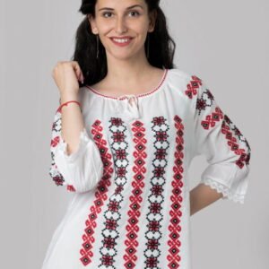 Ie traditionala alba cu motiv geometric rosu Denisa