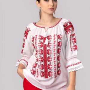 Ie traditionala alba cu motiv geometric rosu Despina 02