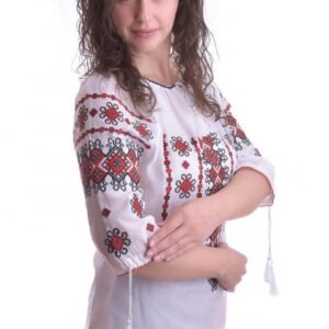 Ie traditionala alba cu motiv geometric rosu Dorina 01