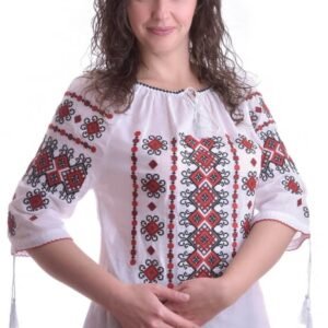 Ie traditionala alba cu motiv geometric rosu Dorina 01