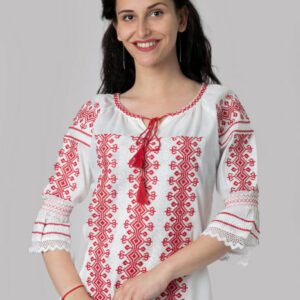 Ie traditionala alba cu motiv geometric rosu Doris