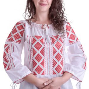 Ie traditionala alba cu motiv geometric rosu Ema 02