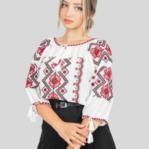 Ie traditionala alba cu motiv geometric rosu Erica 02