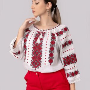 Ie traditionala alba cu motiv geometric rosu Ernestina 03
