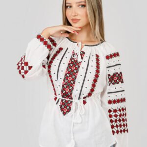 Ie traditionala alba cu motiv geometric rosu Flavia 01