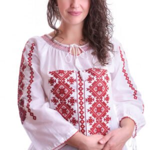 Ie traditionala alba cu motiv geometric rosu Greta 02