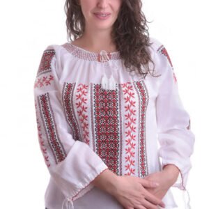 Ie traditionala alba cu motiv geometric rosu Ileana 01