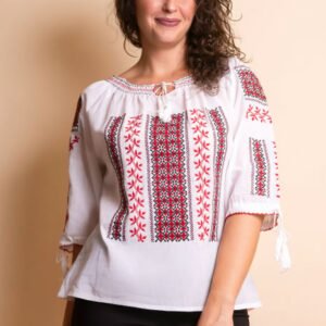 Ie traditionala alba cu motiv geometric rosu Ileana 03
