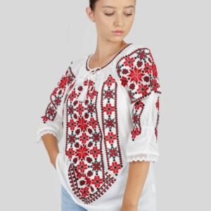 Ie traditionala alba cu motiv geometric rosu Letitia 01