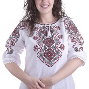 Ie traditionala alba cu motiv geometric rosu Ligia 01