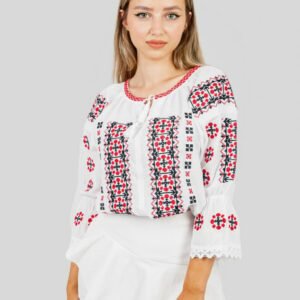 Ie traditionala alba cu motiv geometric rosu Lorelai 02