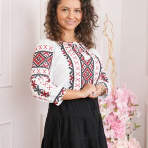 Ie traditionala alba cu motiv geometric rosu Lorena 02