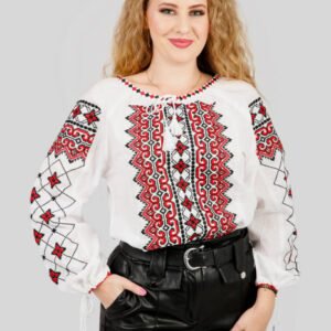 Ie traditionala alba cu motiv geometric rosu Luiza 02 - maneca lunga