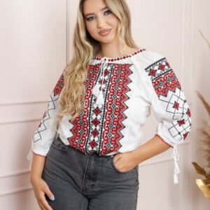 Ie traditionala alba cu motiv geometric rosu Luiza 02 - maneca scurta