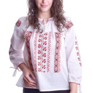 Ie traditionala alba cu motiv geometric rosu Madalina