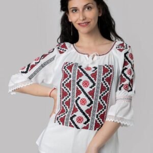 Ie traditionala alba cu motiv geometric rosu Malvina 03