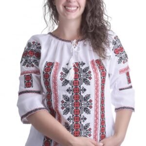 Ie traditionala alba cu motiv geometric rosu Marinela 02