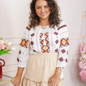 Ie traditionala alba cu motiv geometric rosu Mirona