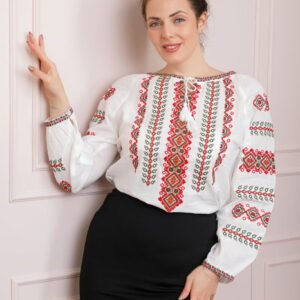 Ie traditionala alba cu motiv geometric rosu Monica
