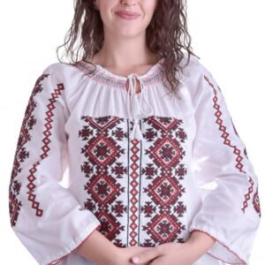 Ie traditionala alba cu motiv geometric rosu Nadia 01