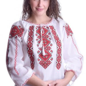 Ie traditionala alba cu motiv geometric rosu Paula 02