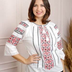 Ie traditionala alba cu motiv geometric rosu Raluca