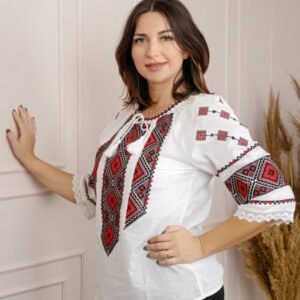 Ie traditionala alba cu motiv geometric rosu Ramona 03