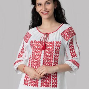 Ie traditionala alba cu motiv geometric rosu Samira 02