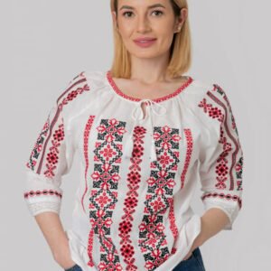 Ie traditionala alba cu motiv geometric rosu Sara 01