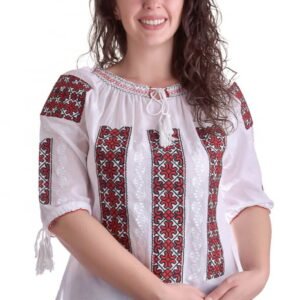 Ie traditionala alba cu motiv geometric rosu Silvia 02