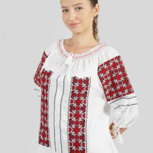 Ie traditionala alba cu motiv geometric rosu Silvia 05