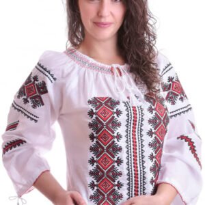 Ie traditionala alba cu motiv geometric rosu Smaranda 01