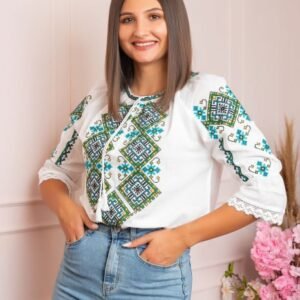 Ie traditionala alba cu motiv geometric turcoaz Alisa