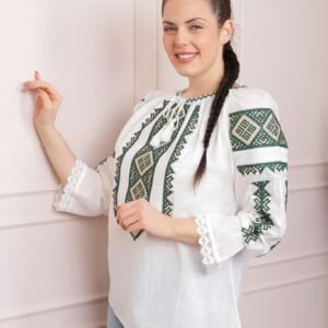 Ie traditionala alba cu motiv geometric verde Constanta 04 - maneca lunga
