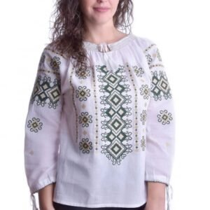 Ie traditionala alba cu motiv geometric verde Doina 02