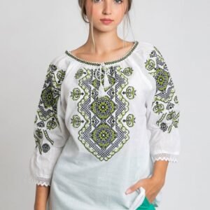 Ie traditionala alba cu motiv geometric verde Ligia 02