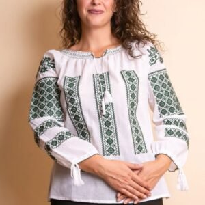 Ie traditionala alba cu motiv geometric verde Mariana
