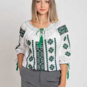 Ie traditionala alba cu motiv geometric verde Mirela