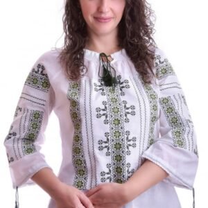 Ie traditionala alba cu motiv geometric verde Viorela 02