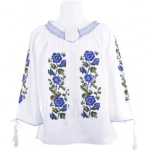 Ie traditionala alba pentru fetite cu motiv floral albastru Camelia
