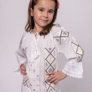 Ie traditionala alba pentru fetite cu motiv floral auriu Dana
