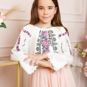 Ie traditionala alba pentru fetite cu motiv floral mov Adriela